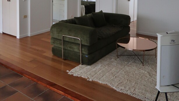 Een ruime woonkamer met een groene bank, een klein rond tafeltje en een plafondventilator.