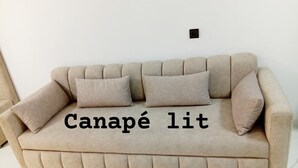 Ein beiges Sofa mit zwei Kissen und der Aufschrift "Canapé lit".