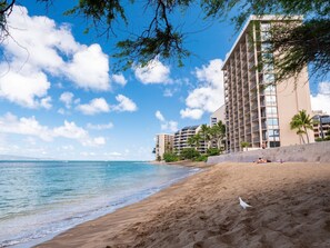 A beachfront hotel with multiple balconies, a sandy beach, and palm trees. - New Listing Ocean View Top-Floor Corner Unit W/ Beach Access At Kahana Villas (West Maui) (Lahaina)