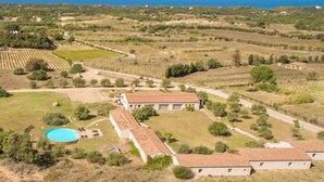 An aerial view of a property with a large building, a swimming pool, and surrounding agricultural fields. - Holiday Apartment La Pietraia Two-Room Apartment (Badesi)