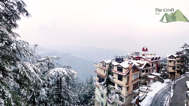 A mountainous area with snow-covered trees and buildings. - The Croft Bnb (Shimla)
