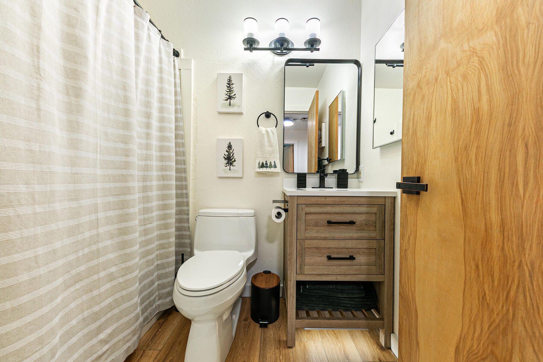 A bathroom with a toilet, a sink with a mirror, and a shower curtain.