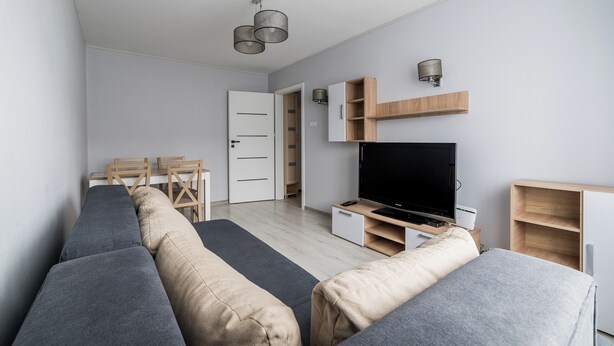 Un soggiorno moderno con un divano grigio, una TV a schermo piatto, mensole in legno e un'area pranzo con sedie e tavolo.