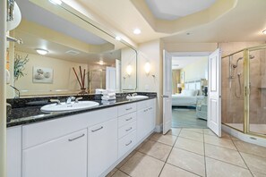 Shower, jetted bath, hair dryer, towels - Resort-Style Luxury | Huge Balcony, Lazy River Views & Endless Amenities | BEACHBALL PROPERTIES (Orange Beach)