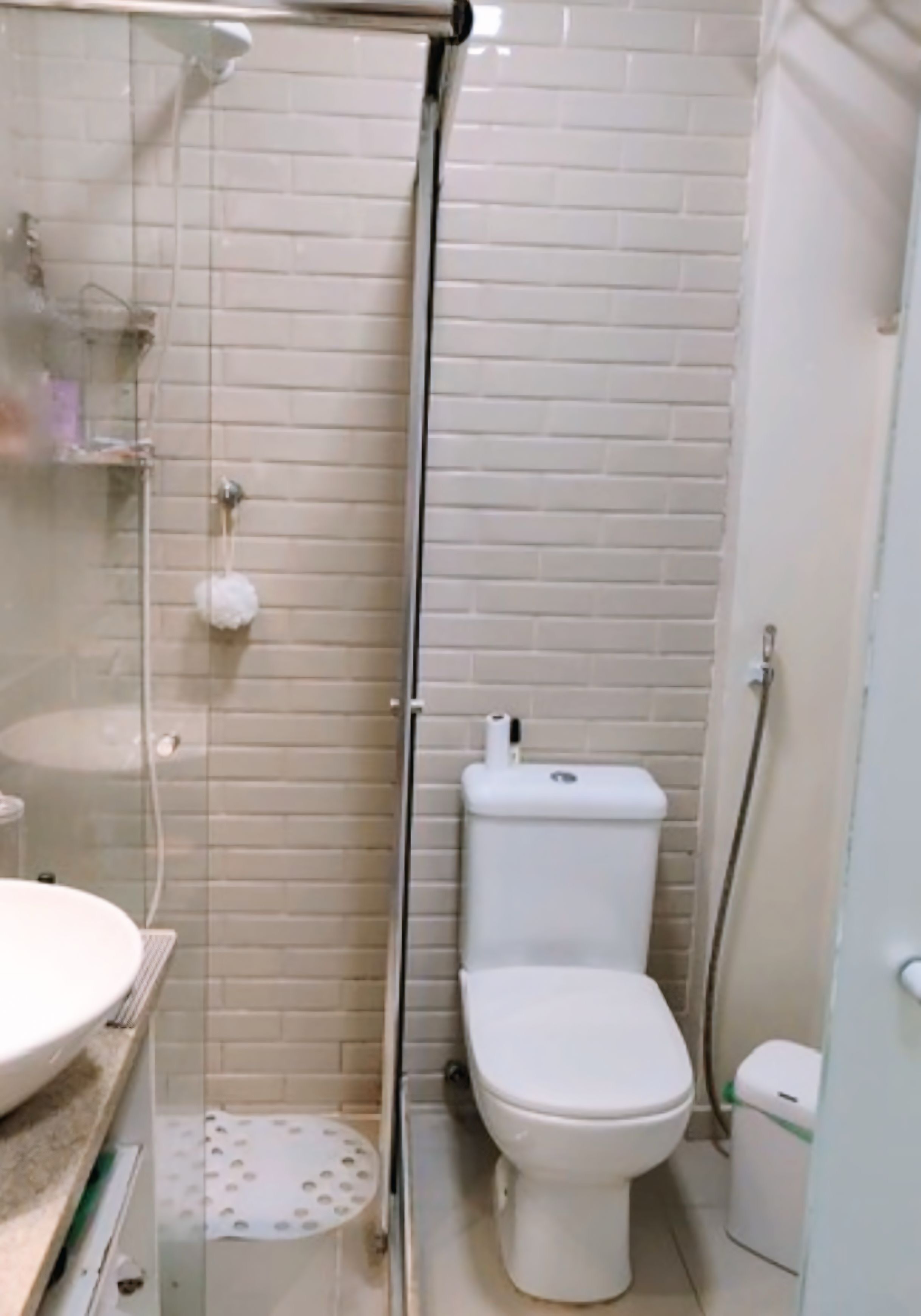 Secador de cabelo, toalhas de banho, sabonete, shampoo