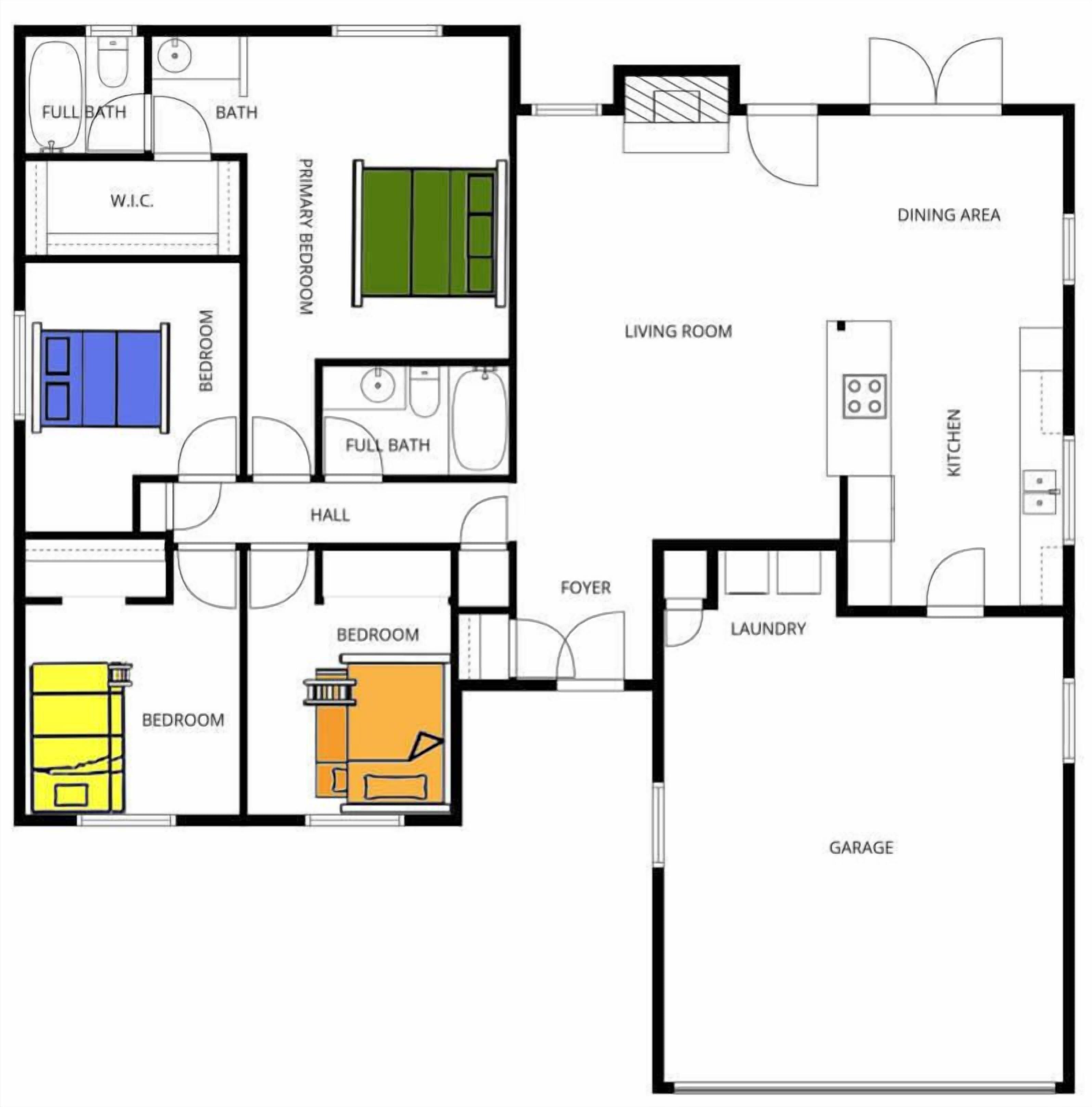 A floor plan with a living room, dining area, kitchen, two bedrooms, a bathroom, a foyer, a laundry room, a garage, and a hall.