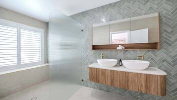 Shower, hair dryer, towels, shampoo