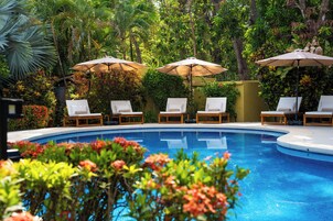 Zona junto a la piscina con sillones de descanso y sombrillas, rodeada de exuberante vegetación.