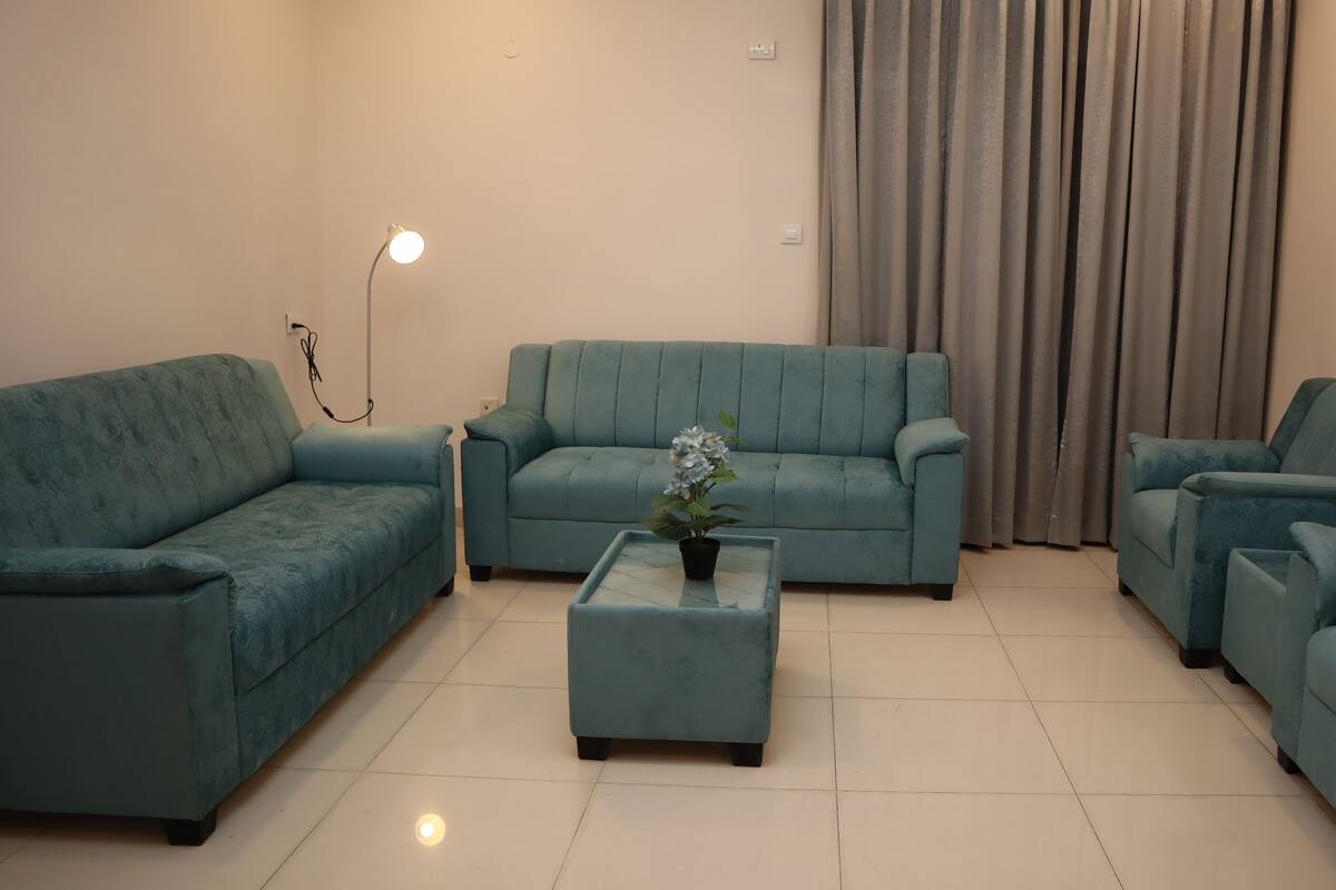 A living room with a teal sofa set, a coffee table with a plant, and a floor lamp.