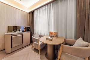 Desk, laptop workspace, blackout curtains, soundproofing