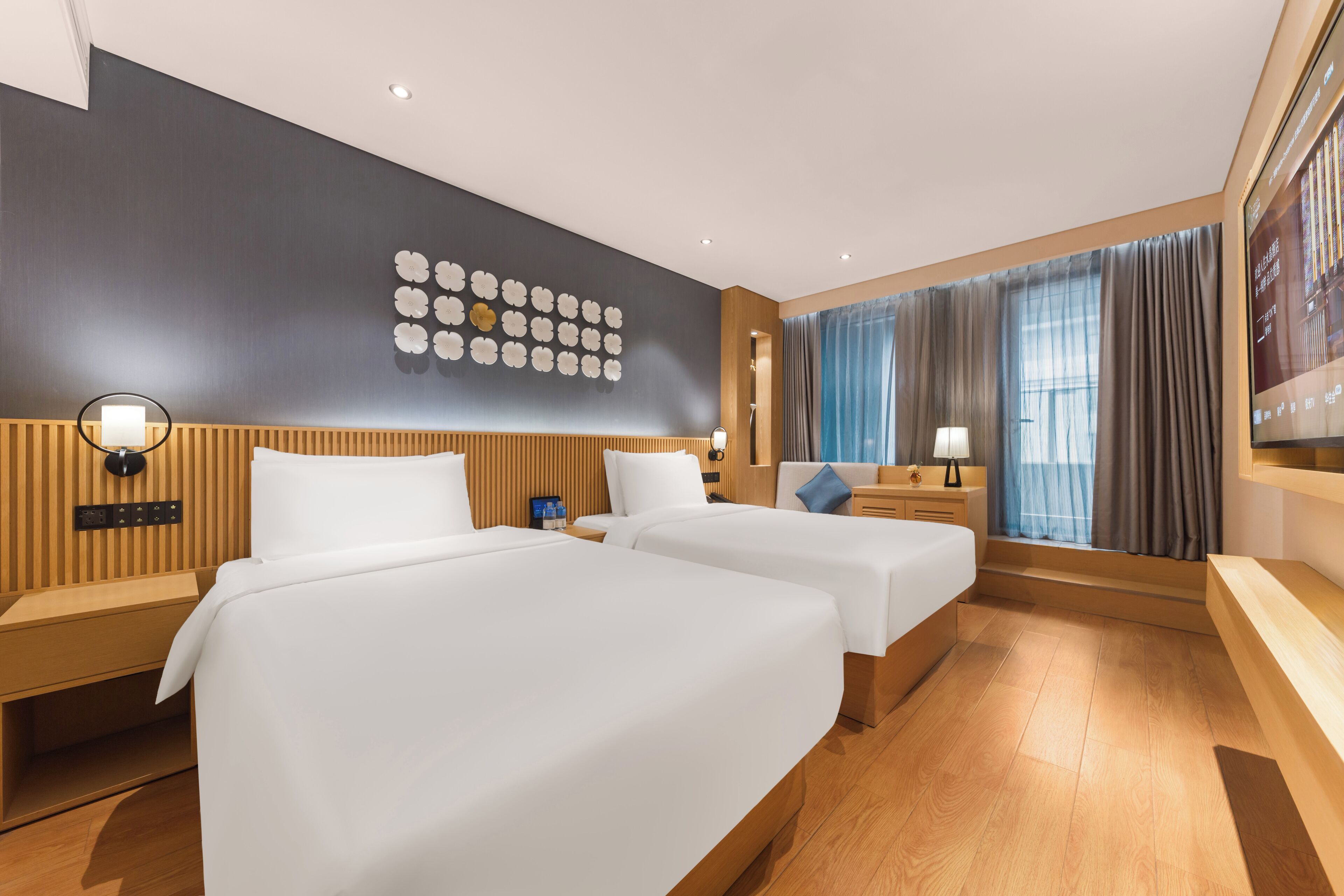 Deluxe Twin Room, Patio, City View | Desk, laptop workspace, blackout drapes, soundproofing