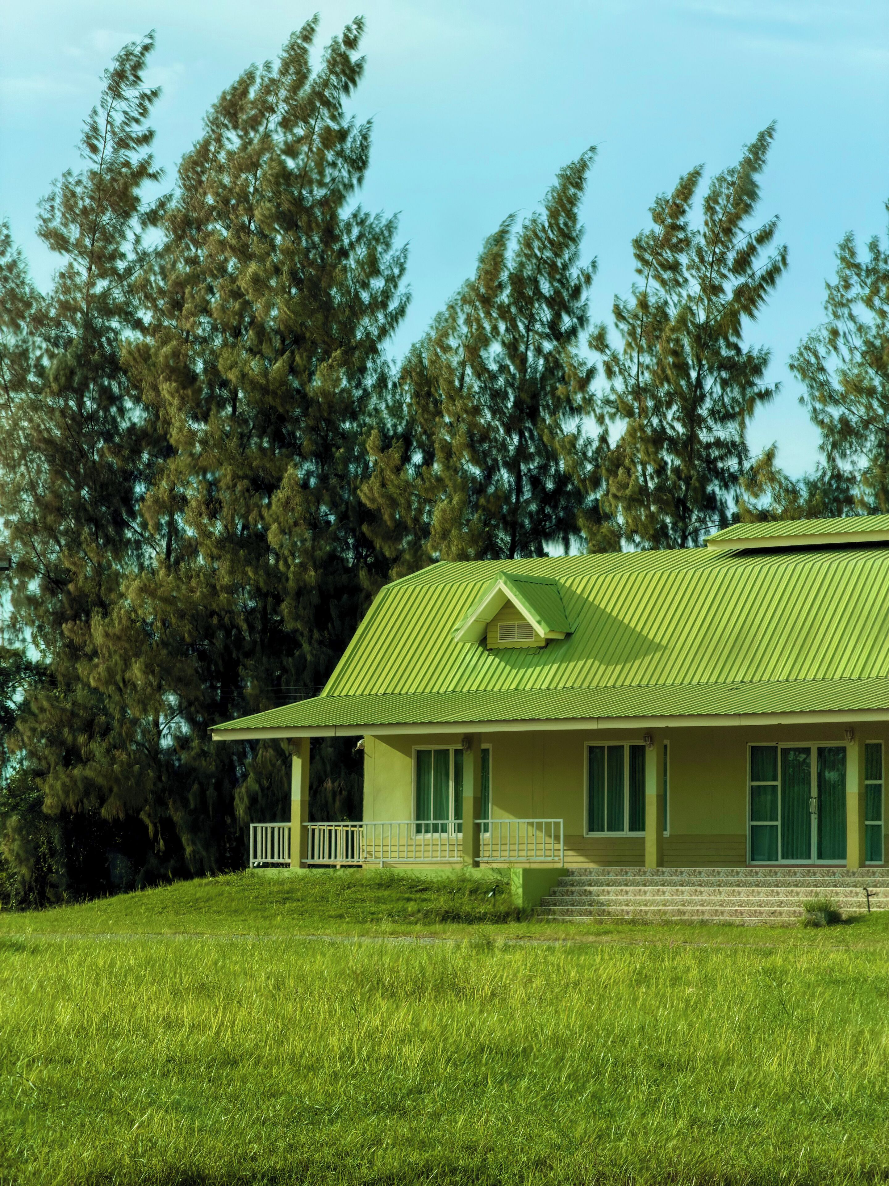 A single-story house with a green roof, a front porch with a railing, and a grassy yard.