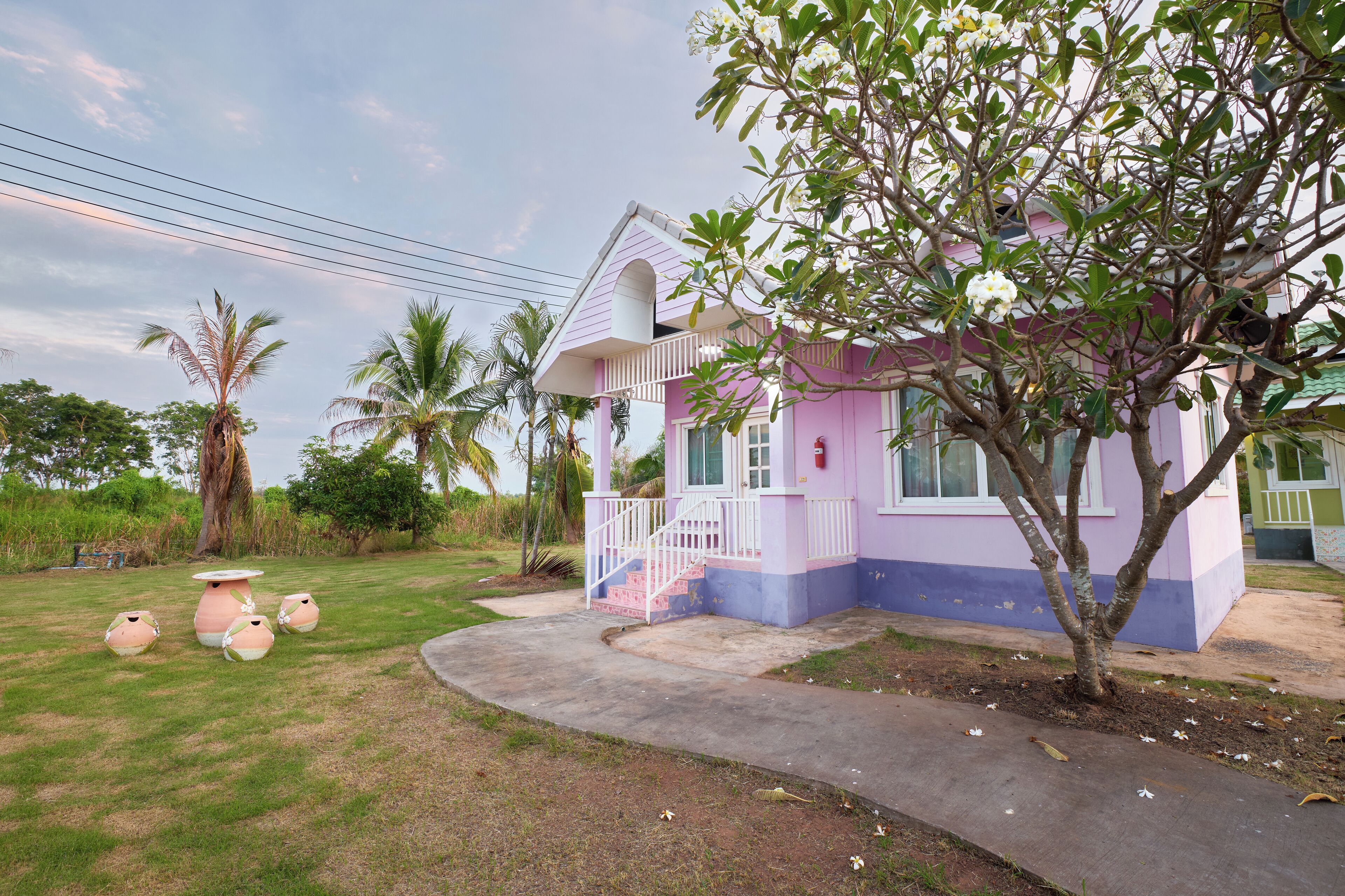 A pink and blue house with a porch, surrounded by grass and trees.