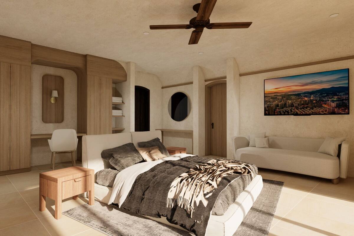 Une chambre moderne avec un grand lit, un coin salon, un bureau et un tableau représentant un paysage urbain.