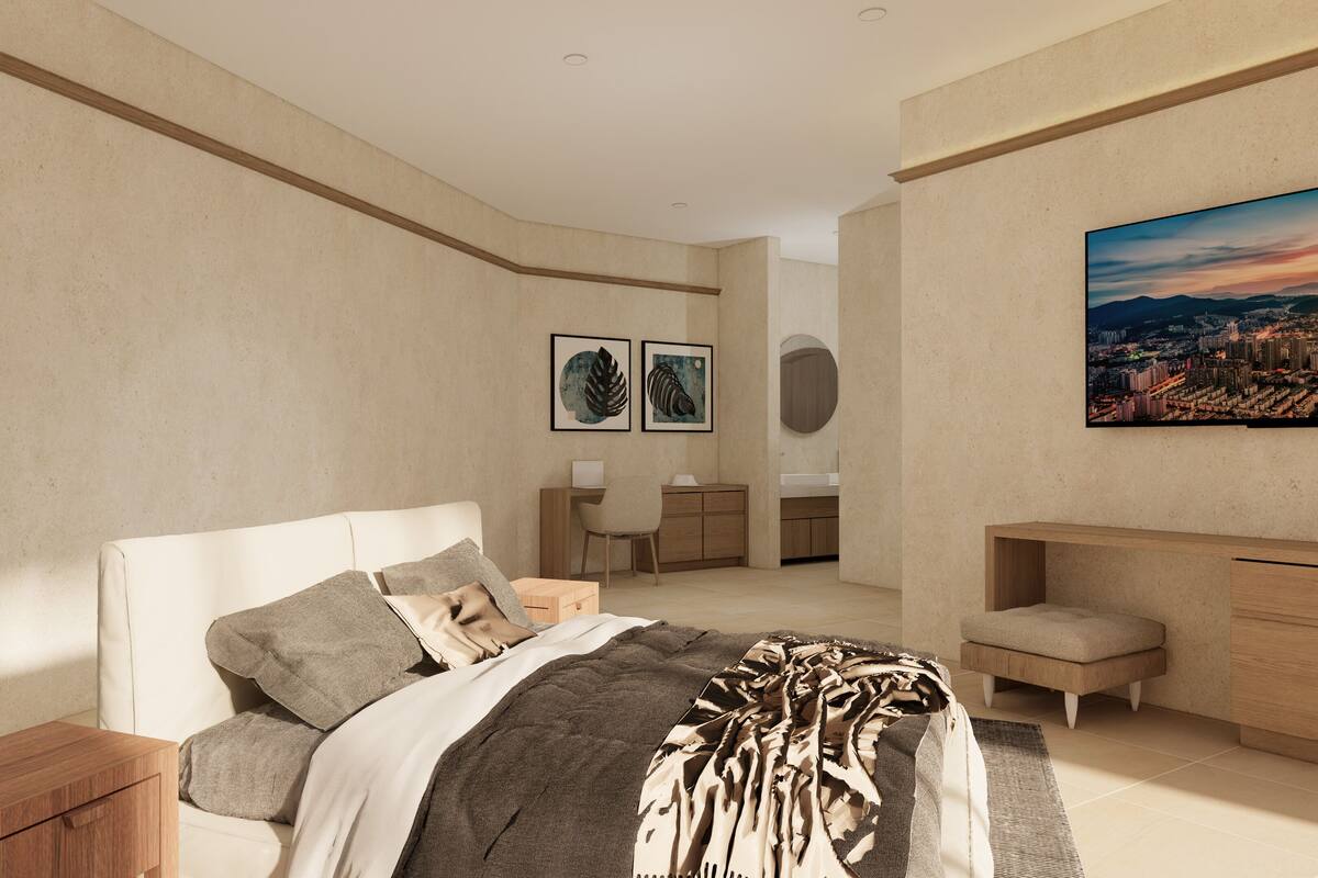 Une chambre moderne avec un lit, des tables de chevet, un bureau et un grand tableau représentant un paysage urbain.