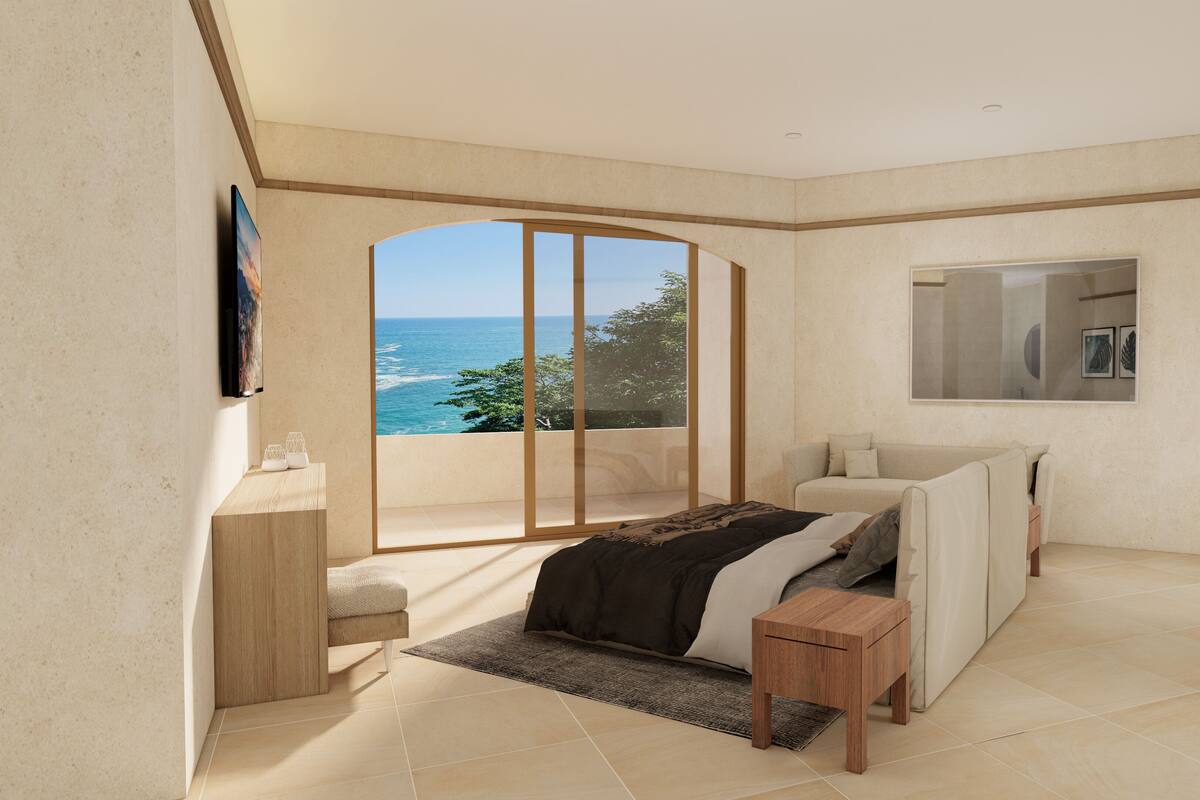 Une chambre avec une grande fenêtre, un lit, un canapé, une télévision et un miroir.