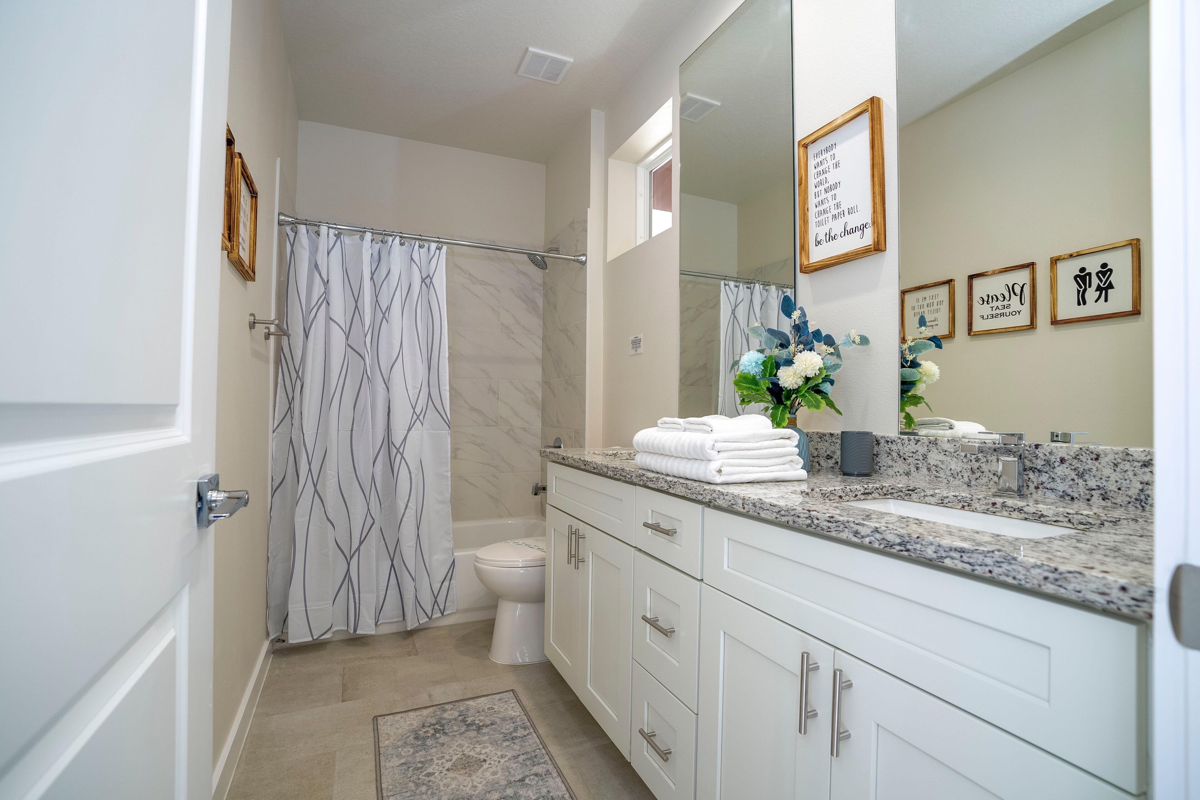 Hair dryer, towels, soap, toilet paper