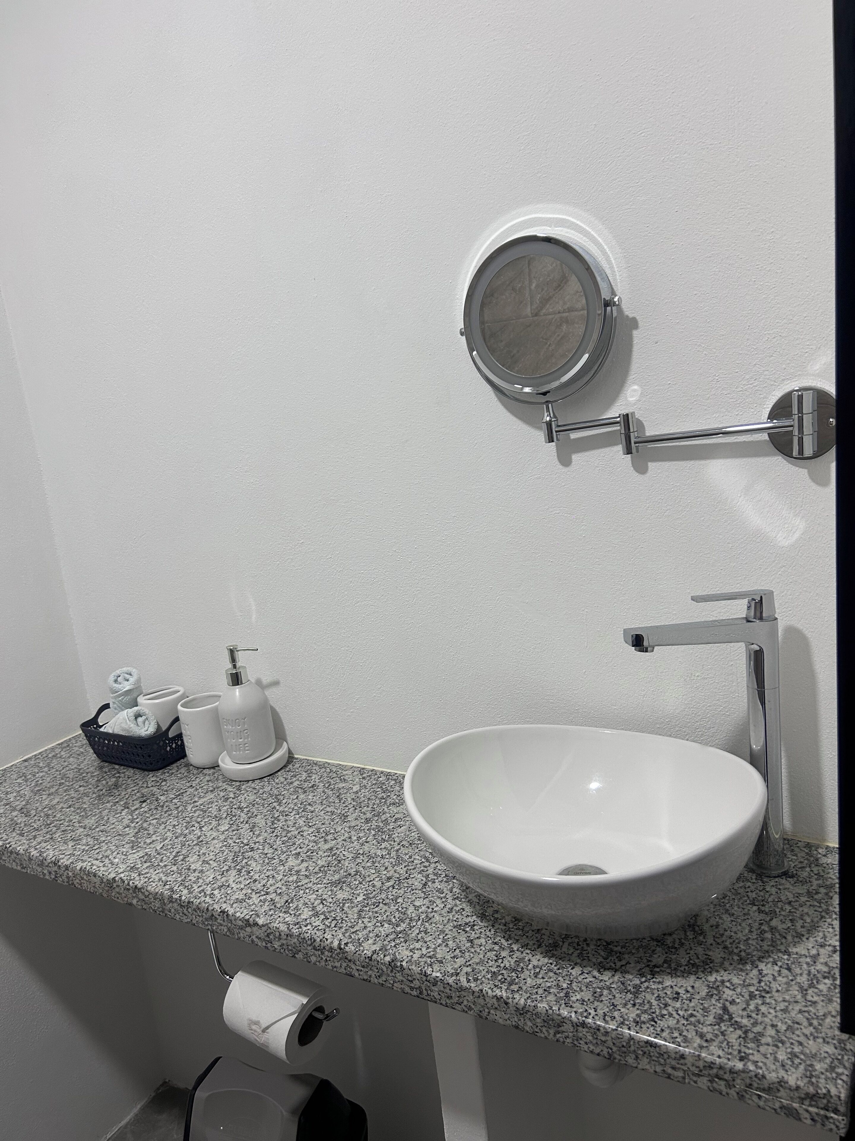 Jetted bath, towels, soap, toilet paper