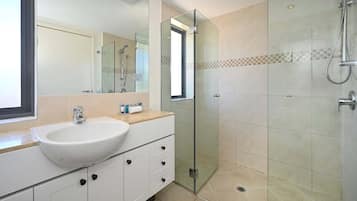 Hair dryer, towels, soap, shampoo