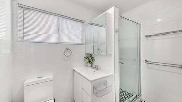 Hair dryer, towels, soap, shampoo