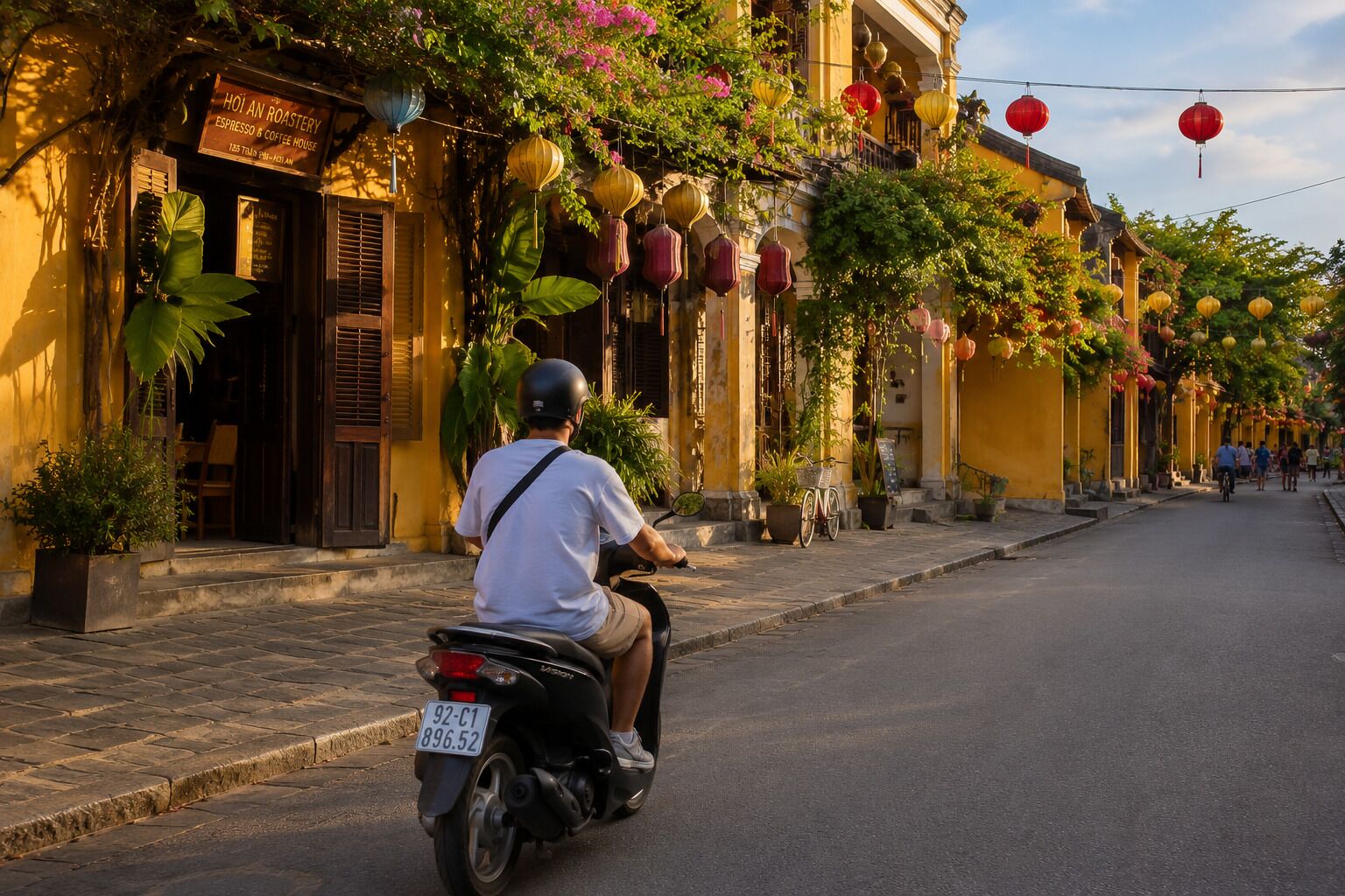 A street scene with a person riding a scooter, buildings with traditional architecture, and hanging decorative lanterns.
