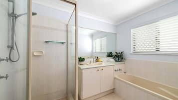 Hair dryer, towels, soap, shampoo