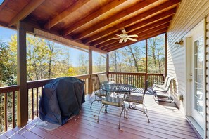 Outdoor dining - Dog-friendly home with serene views, outdoor hot tub, deck, and fire pit (Dahlonega)