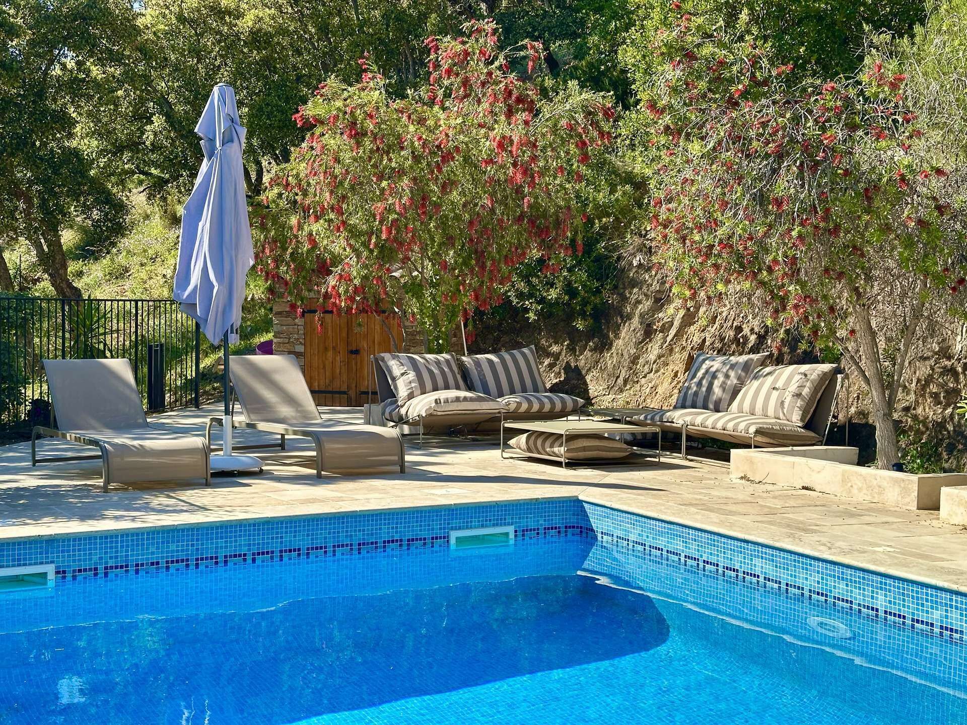 A poolside area with lounge chairs and a covered umbrella.