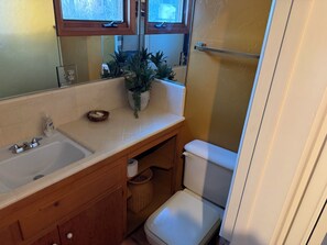 A bathroom with a white sink, wooden vanity, a potted plant, a toilet, and a window above the mirror. - Awesome 4-bedroom house with AC in Big Bear Lake (Big Bear Lake)