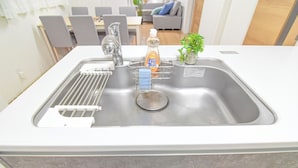 Una cocina con un lavamanos de acero inoxidable, un escurreplatos, una botella de detergente y una pequeña planta en maceta.