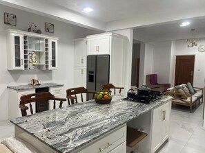 A modern kitchen with white cabinetry, a marble countertop, and a built-in refrigerator. - This newly built, spacious three-bedroom home is ideally located in Rodney Bay. (Castries)