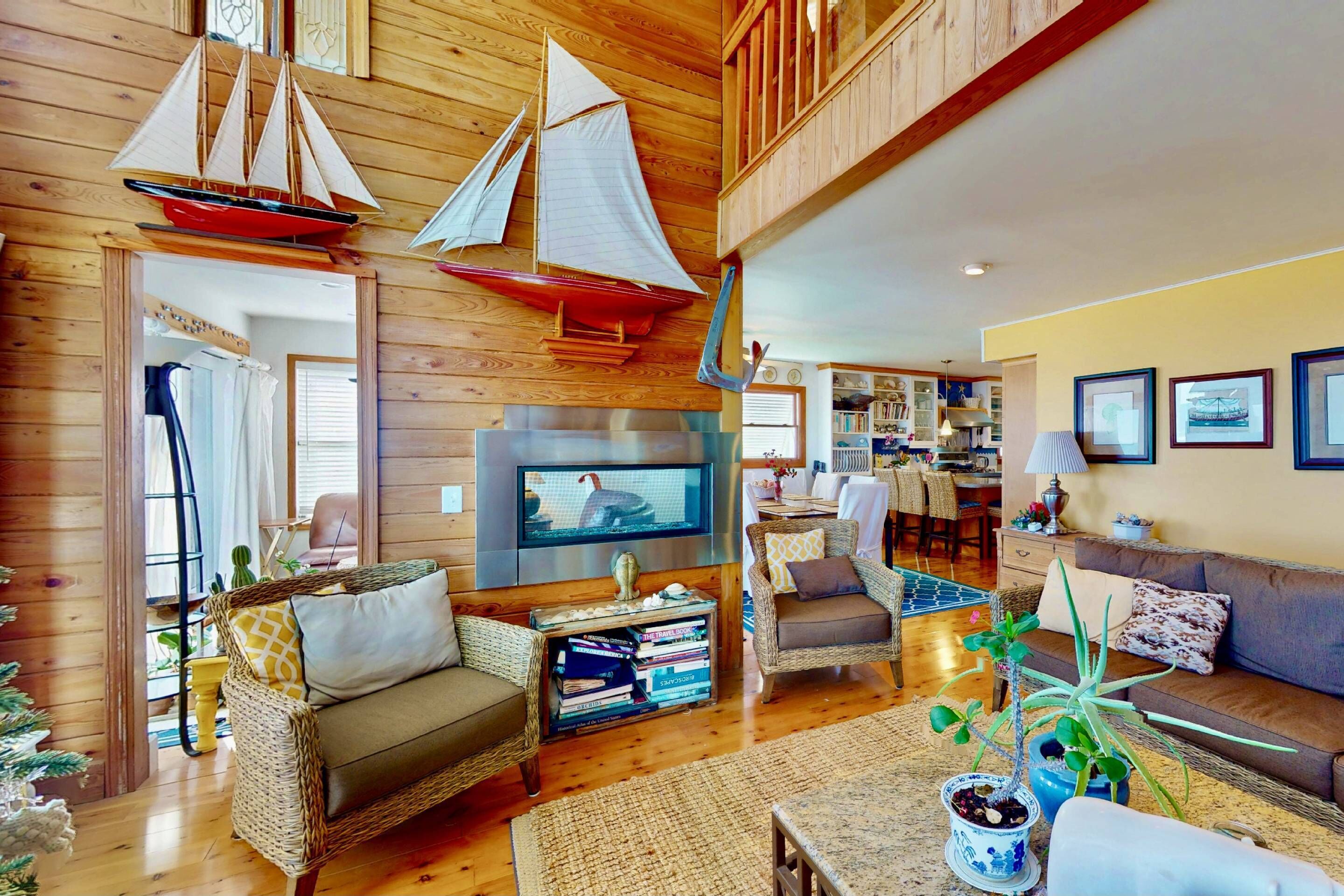 TV, fireplace, books