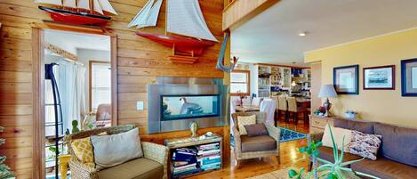 Télévision, cheminée, livres