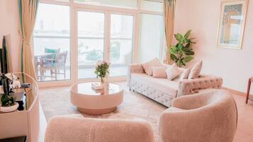 Luxury Apartment, Balcony, Beach View | Living area