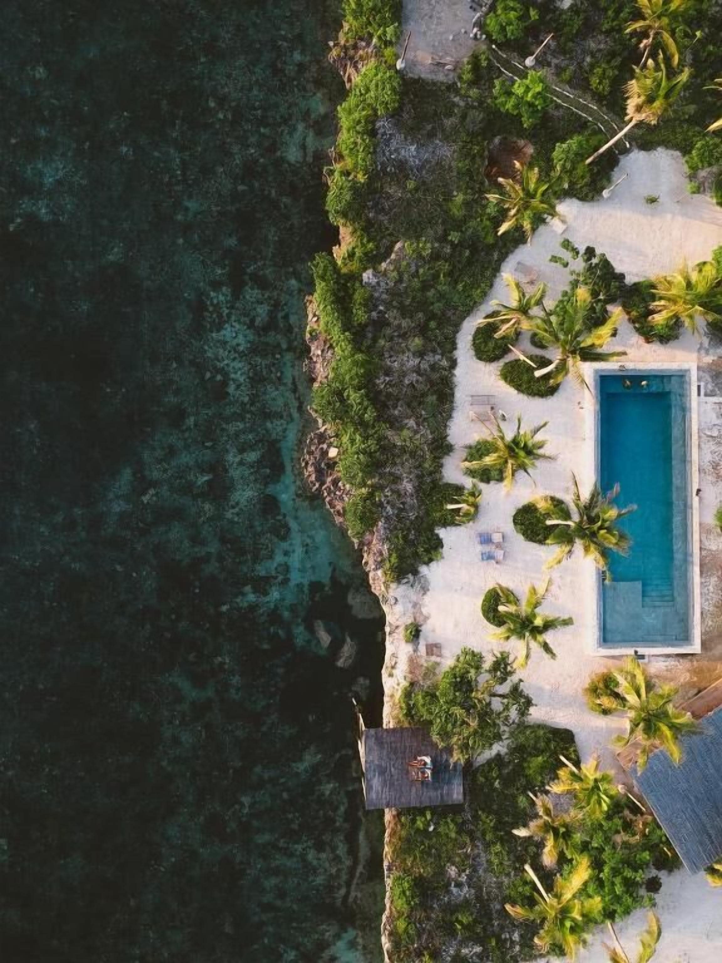 Vista aérea de uma propriedade à beira-mar com piscina, palmeiras e um pequeno cais.
