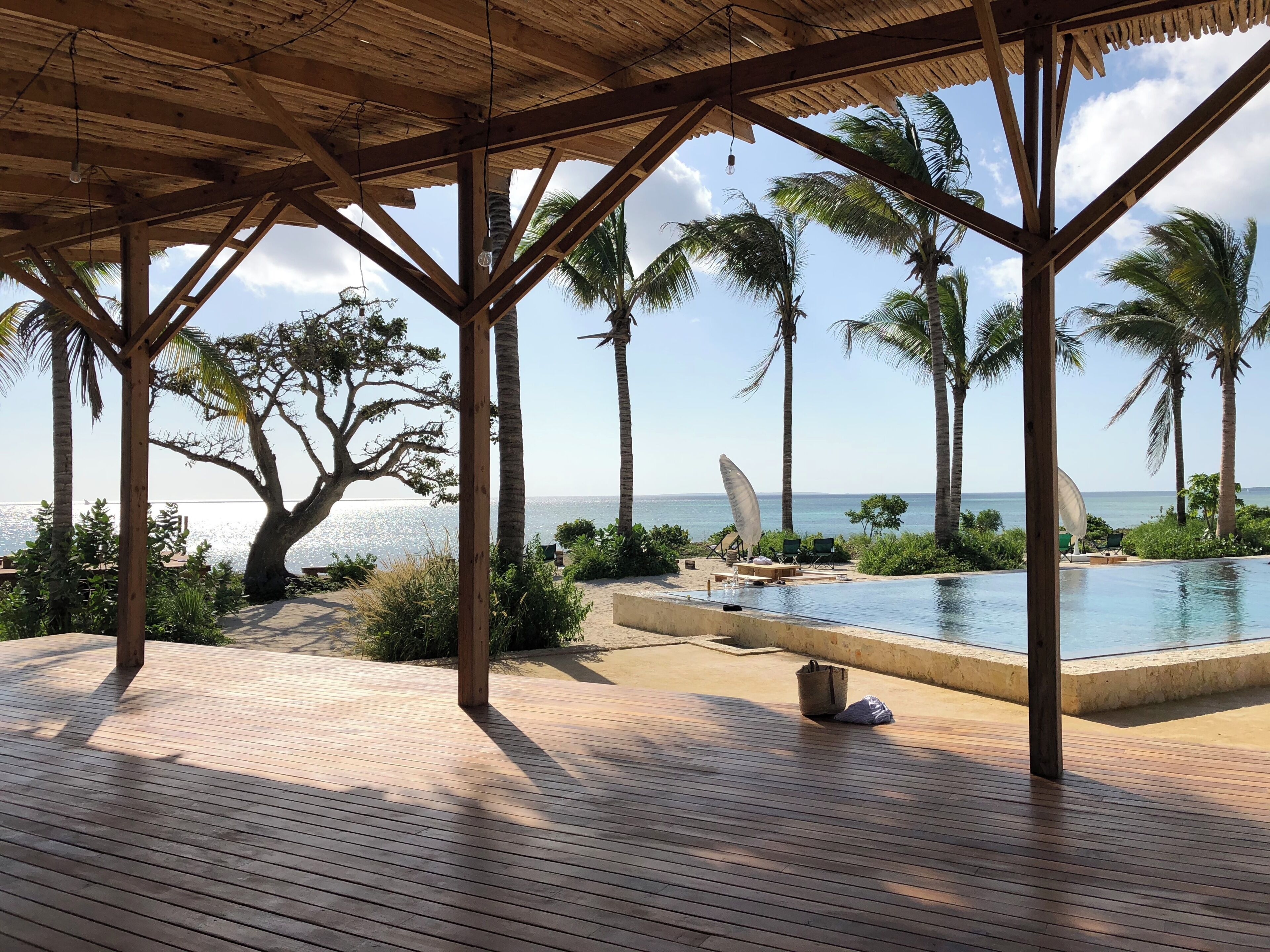 A wooden deck with a pool and lounge chairs, surrounded by palm trees and a view of the sea.