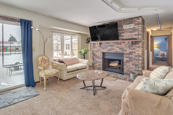 TV, fireplace, books