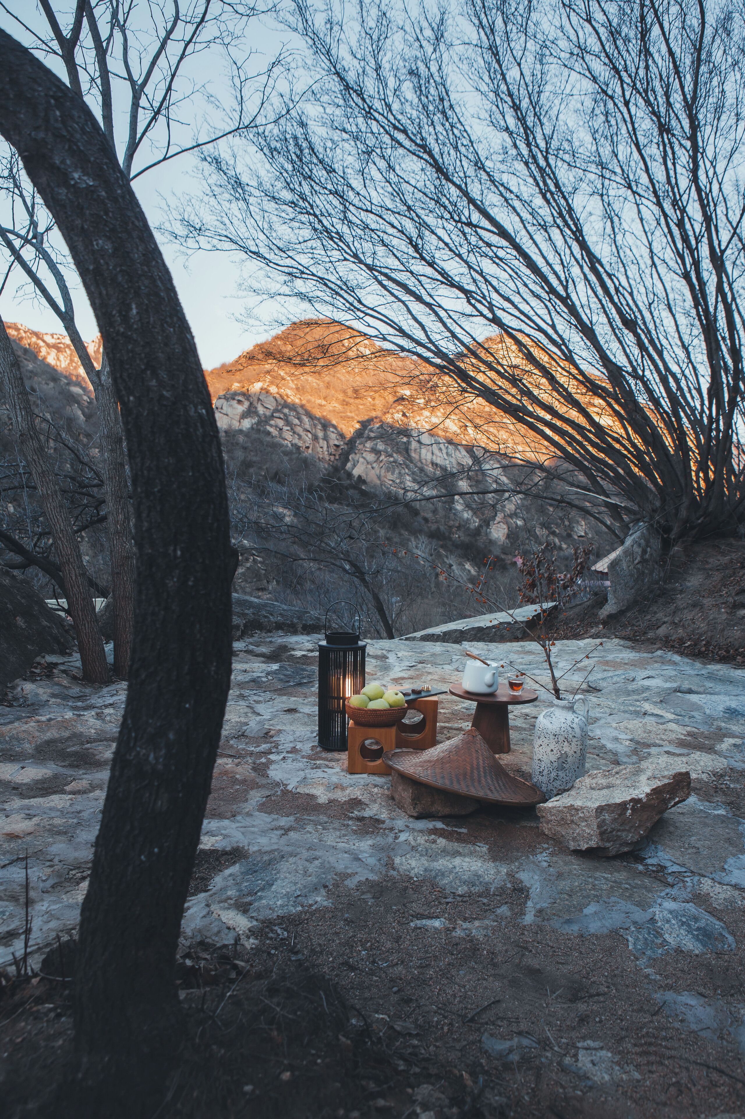 A rustic outdoor setting with a stone table set for a meal, surrounded by bare trees and a mountainous backdrop.