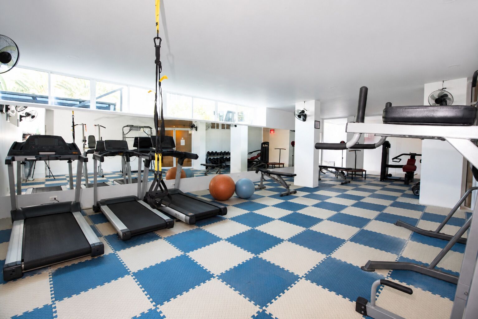 A gym with treadmills, a stationary bike, and exercise balls.
