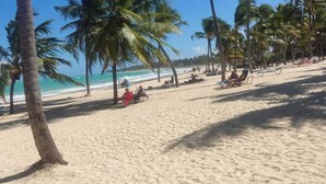 A beach with palm trees and people relaxing. - Residencial El Carey! El lugar perfecto para tus vacaciones. (Punta Cana)