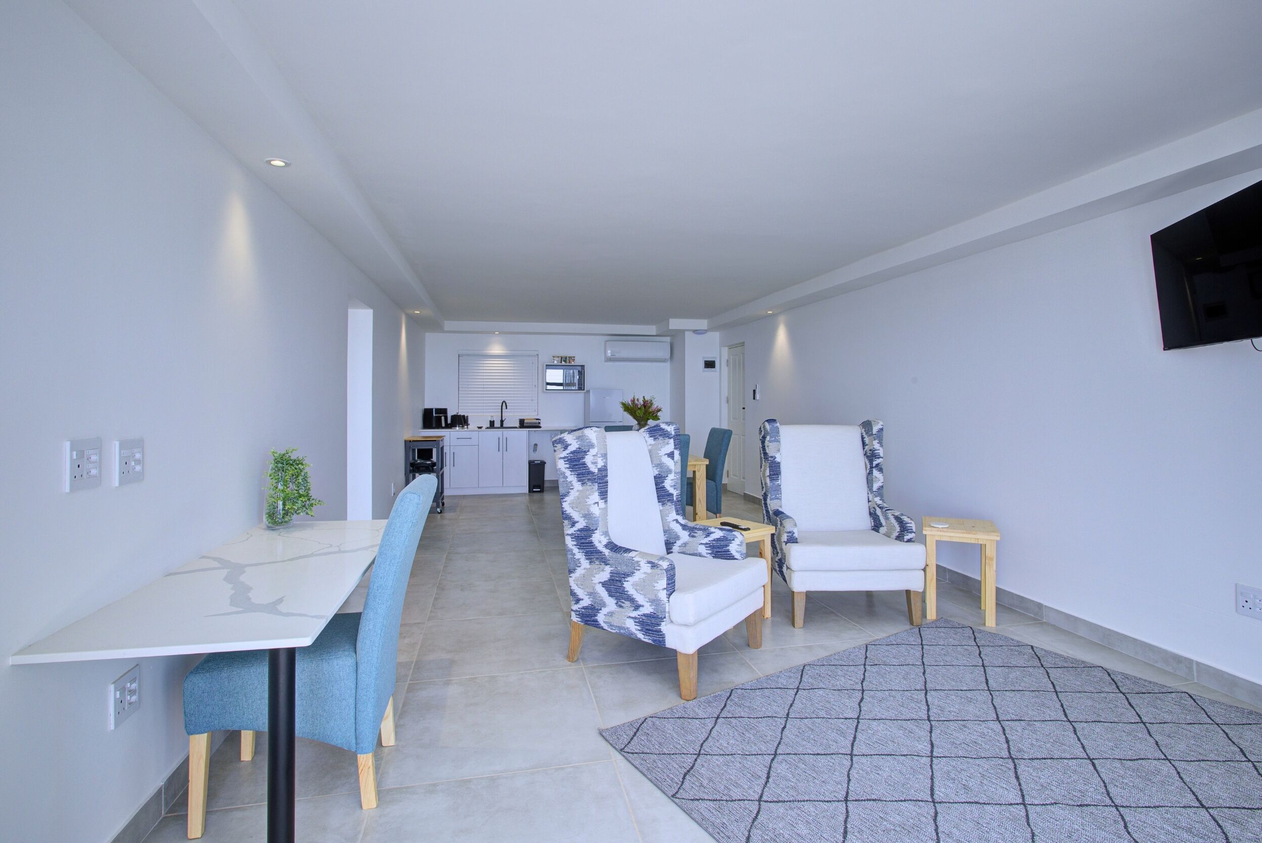Un salon moderne comprenant une table à manger, deux fauteuils à motifs, une petite table d’appoint et un tapis gris.