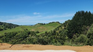 A rural landscape with rolling hills, dense forests, and a clear blue sky.