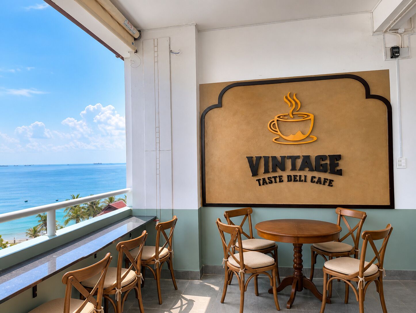 A balcony with a view of the ocean, a round wooden table with chairs, and a wall with a vintage cafe logo.