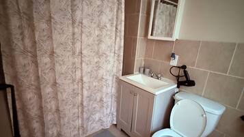 Hair dryer, towels, soap, toilet paper
