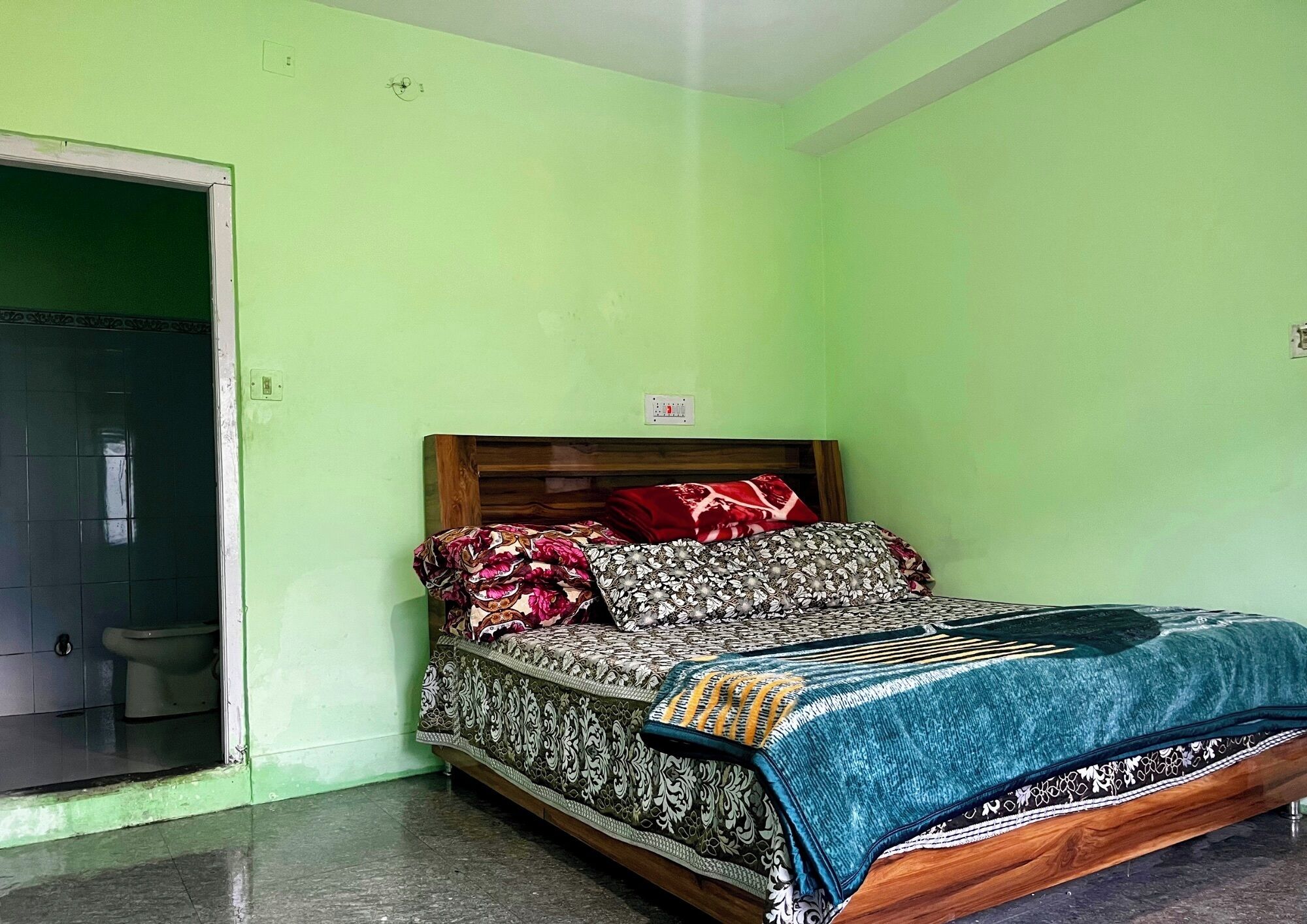 A room with a bed, a door, and a toilet.