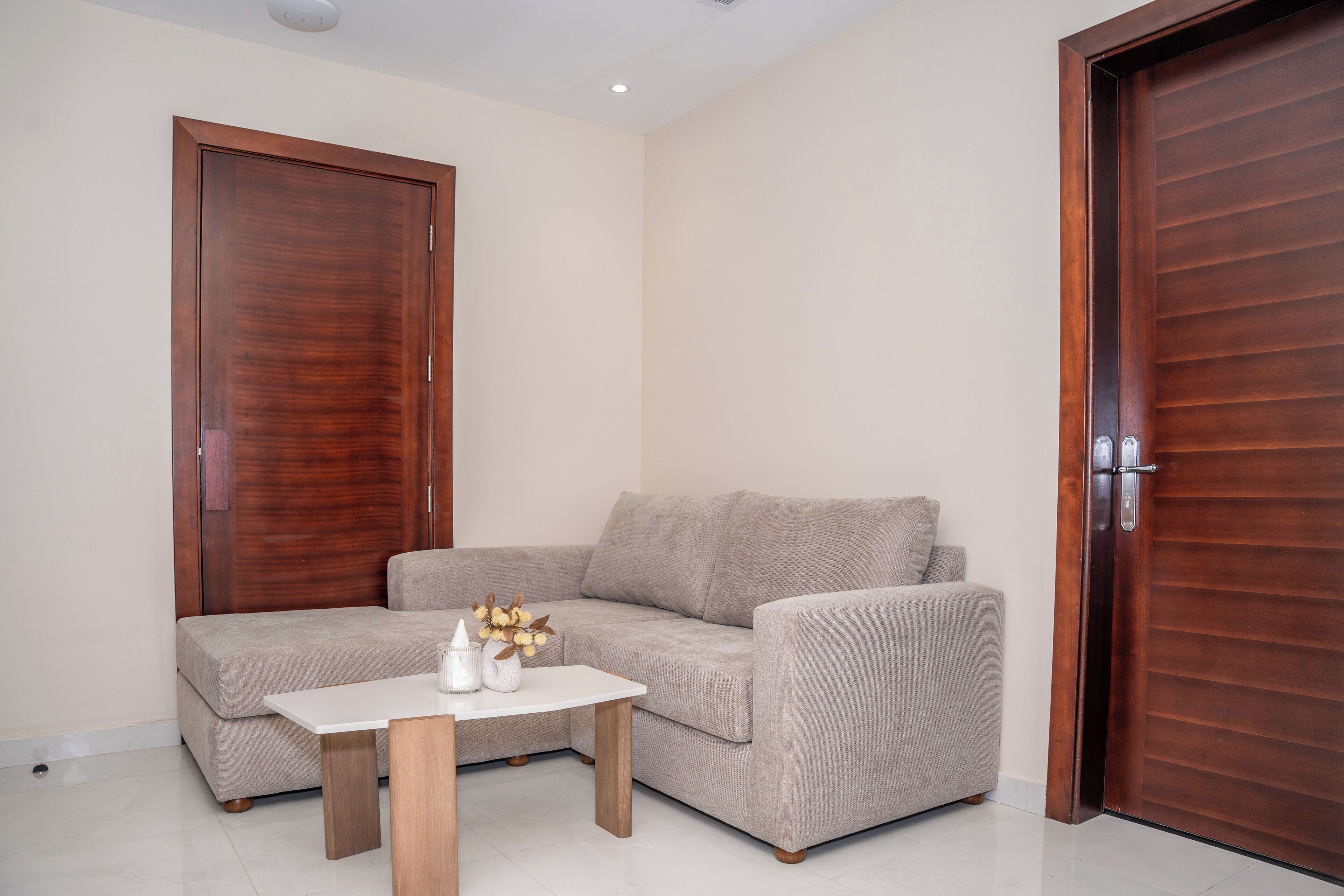 Una sala de estar moderna con un sofá gris, una mesa de centro de madera y dos puertas de madera.