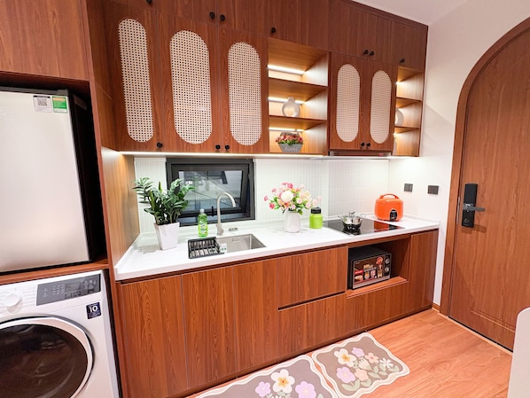 Apartment, City View | Private kitchen | Mini-fridge, microwave, cookware/dishes/utensils - GAIA House Le Duan (Hanoi)