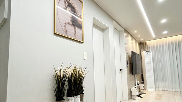 A modern hallway with a glass console table holding plants, a framed artwork, and a flat-screen TV mounted on the wall. - 5 mins to Unseo Station, the nearest to the Incheon Airport, Located in Cafe St. (Incheon)