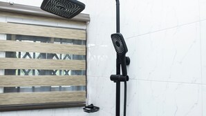 A shower with a handheld showerhead and a fixed showerhead mounted on a wall. - Wepia Guest House (Oyibi)