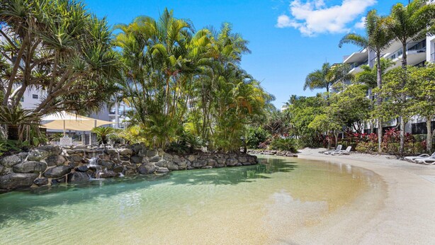A resort pool area with clear water, palm trees, and lounge chairs. - Beachside 2-Bed with Pools, Gym, BBQ and Parking (Alexandra Headland)